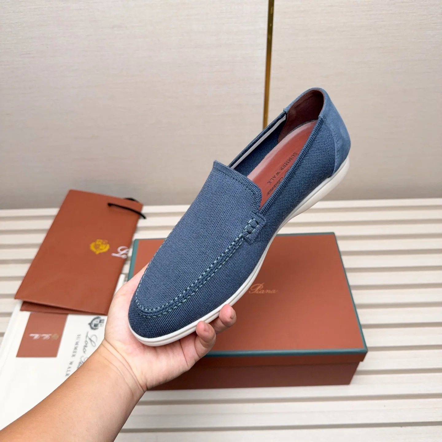 Men's Men's Shoes 💰400 Loro PIana moccasins are made of wish wool fabric. The upper is made of knitted fabric, made on a loom, and then attached to a rubber sole. The Rain System's water-repellent treatment enhances the shoe's functional design, while the suede details give the shoe a sense of elegance and sophistication. Made from Wish, fine wool from Australian and New Zealand Merino sheep